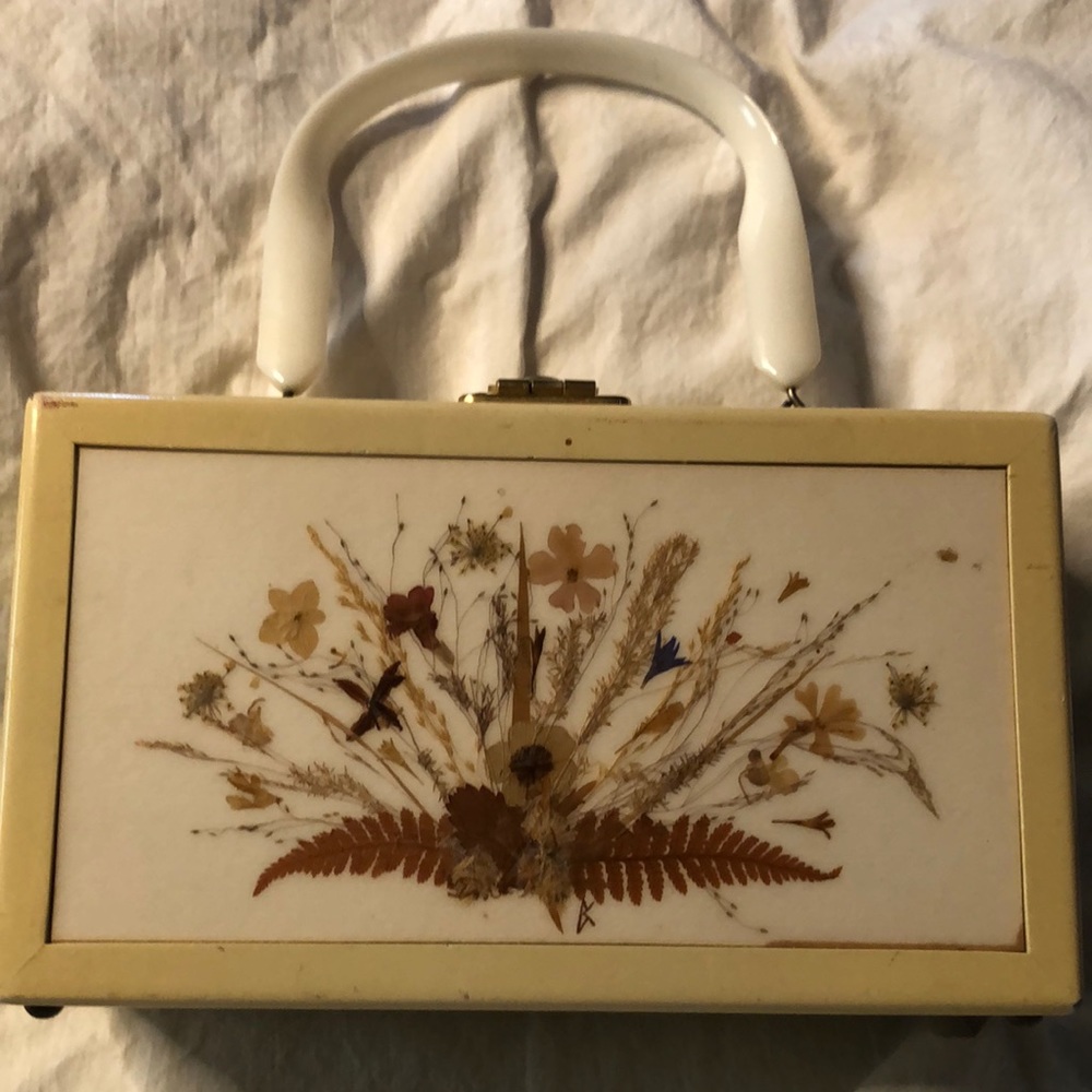 Vintage one of a kind hand bag made from solid wood and real pressed flowers